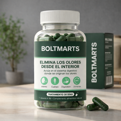 Frasco y caja de suplemento BoltMarts Aliento Fresco con cápsulas verdes