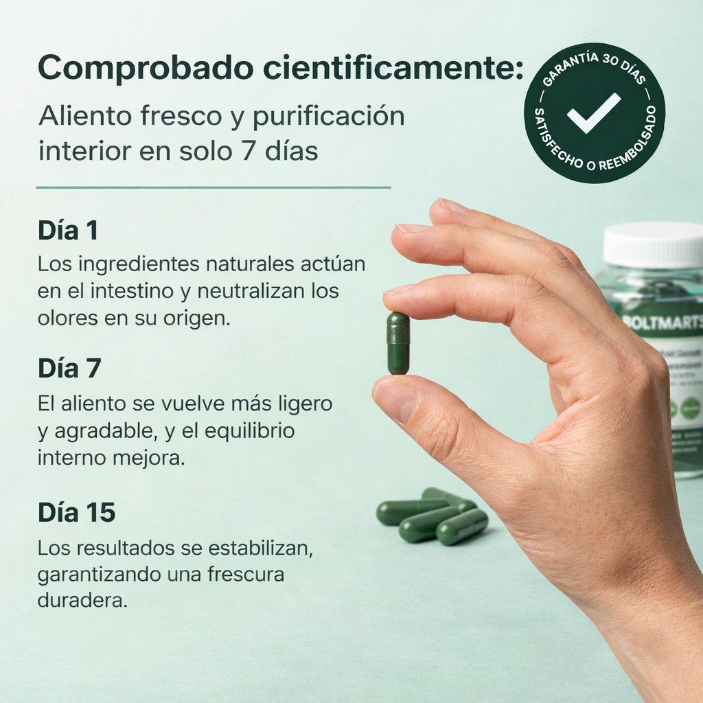 Mano sosteniendo cápsula de BoltMarts Aliento Fresco junto al frasco del suplemento