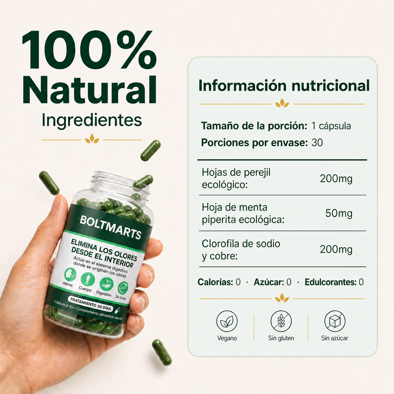 Información nutricional e ingredientes del suplemento BoltMarts Aliento Fresco