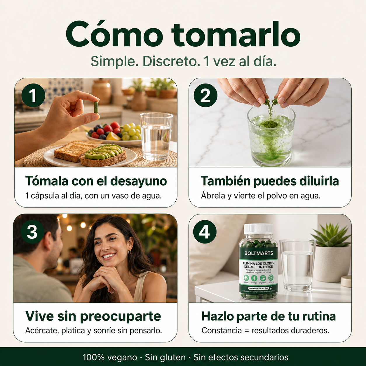 Instrucciones para tomar BoltMarts Aliento Fresco con cápsula y vaso de agua