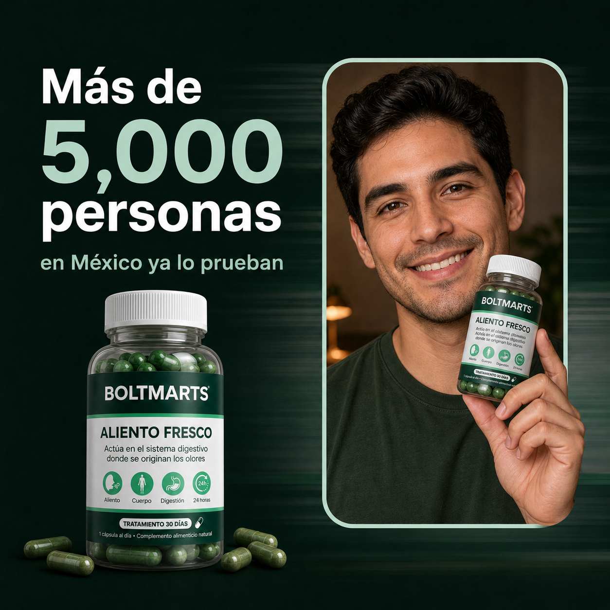 Hombre sosteniendo el suplemento BoltMarts Aliento Fresco junto al frasco del producto