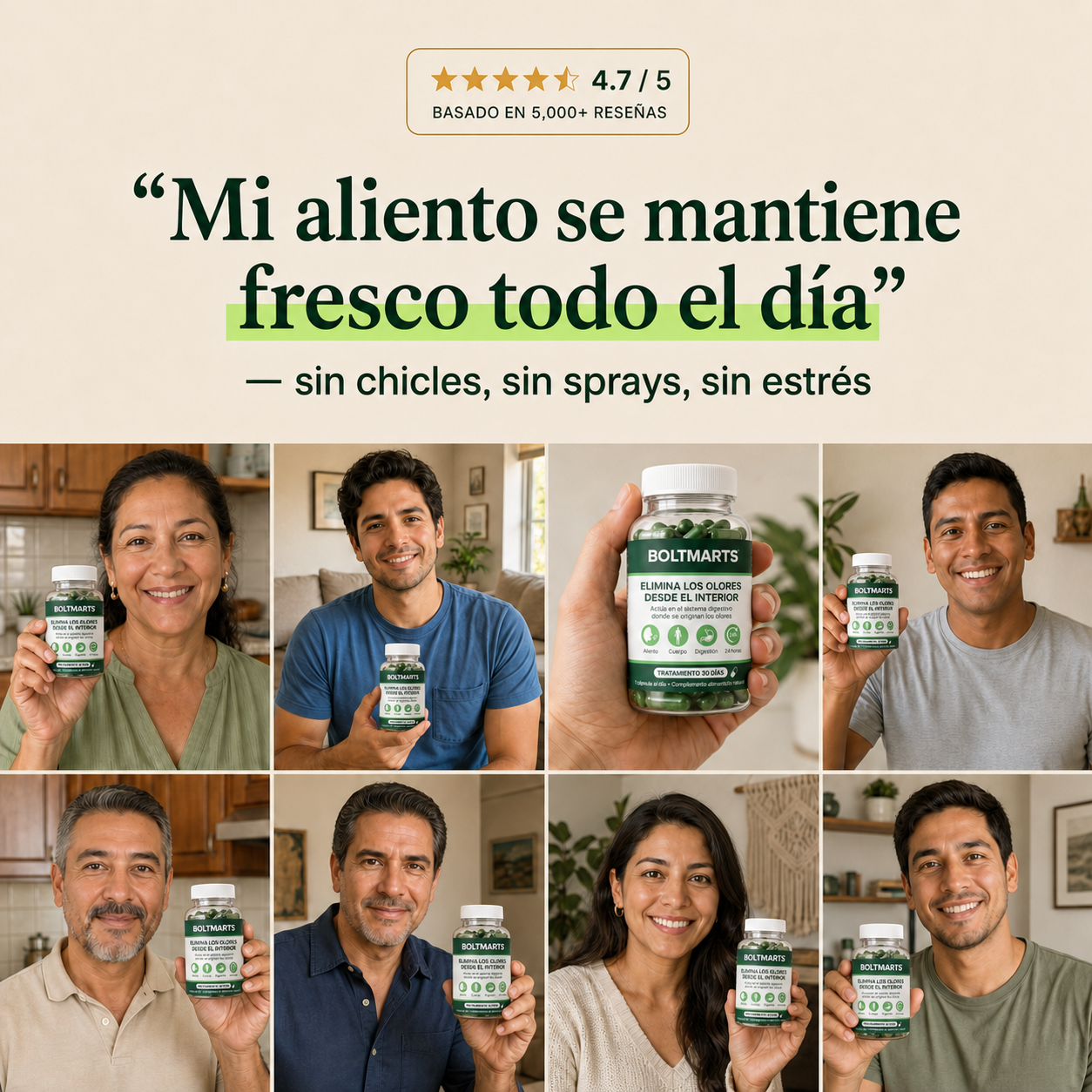 Clientes mostrando el suplemento BoltMarts Aliento Fresco con reseñas de frescura diaria