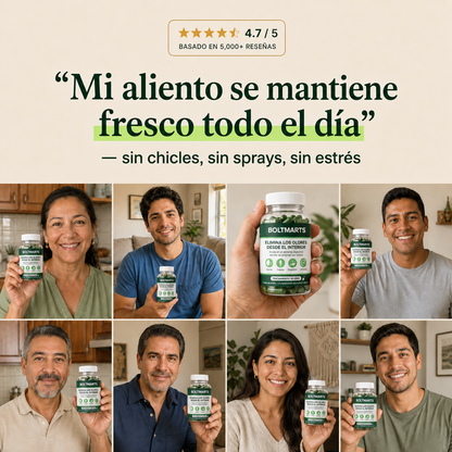 Clientes mostrando el suplemento BoltMarts Aliento Fresco con reseñas de frescura diaria